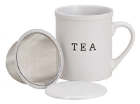 Teebecher TEA aus weißer Keramik mit Metall Sieb